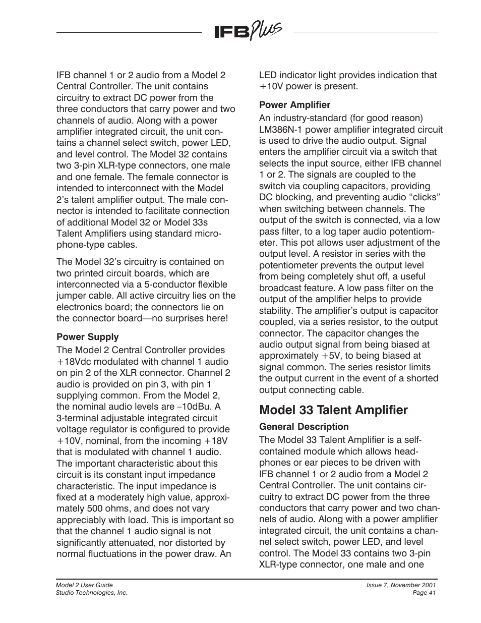 Model 33 talent amplifier | Studio Technologies IFB Plus 2001 User Manual | Page 41 / 63