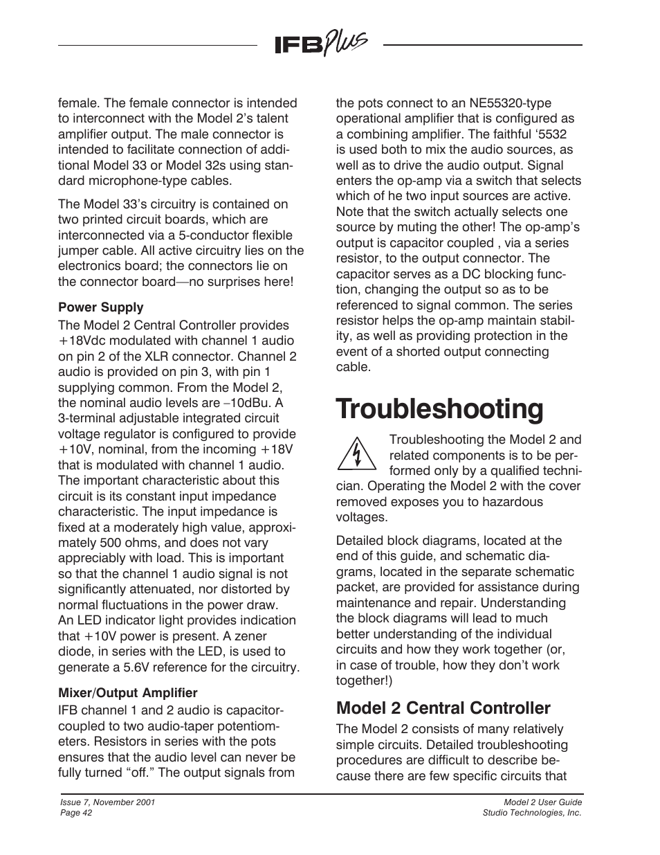 Troubleshooting, Model 2 central controller | Studio Technologies IFB Plus 2001 User Manual | Page 42 / 63