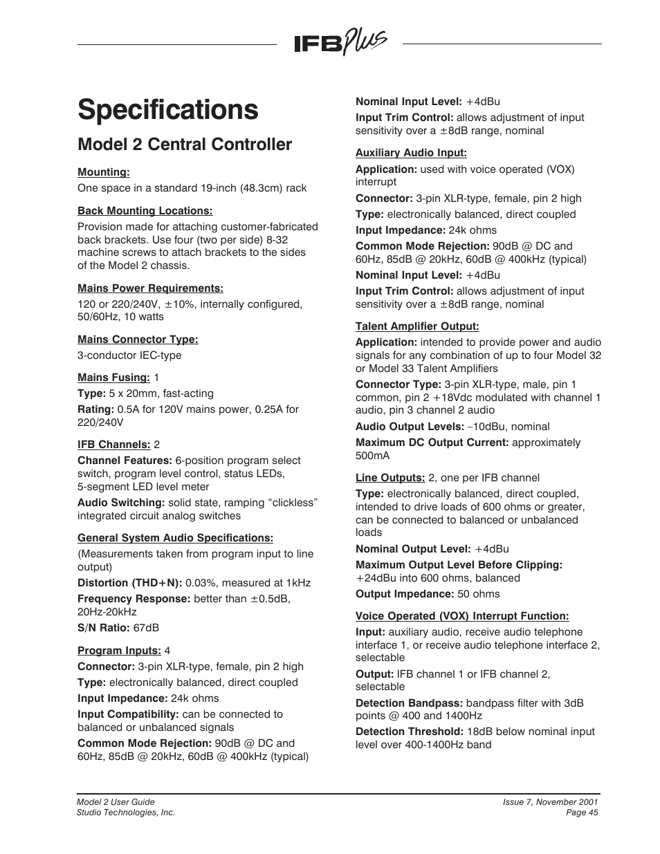 Specifications, Model 2 central controller | Studio Technologies IFB Plus 2001 User Manual | Page 45 / 63
