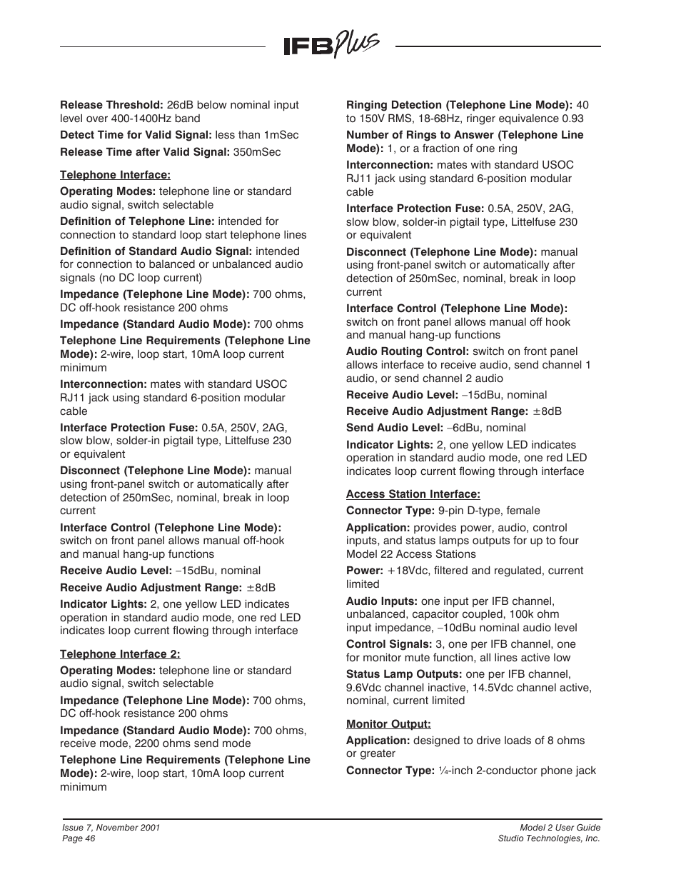 Studio Technologies IFB Plus 2001 User Manual | Page 46 / 63
