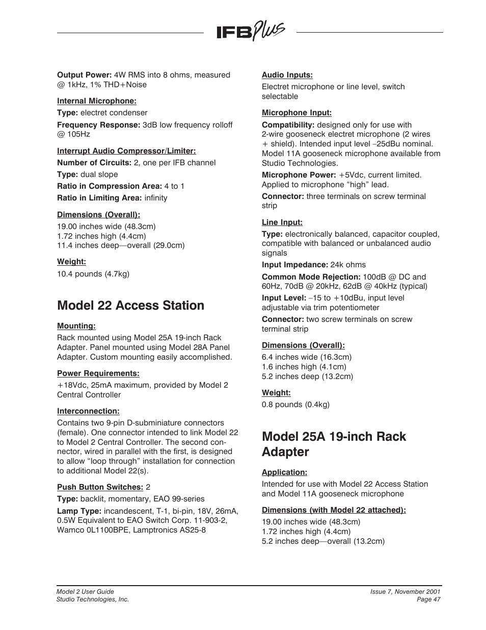 Model 22 access station, Model 25a 19-inch rack adapter | Studio Technologies IFB Plus 2001 User Manual | Page 47 / 63