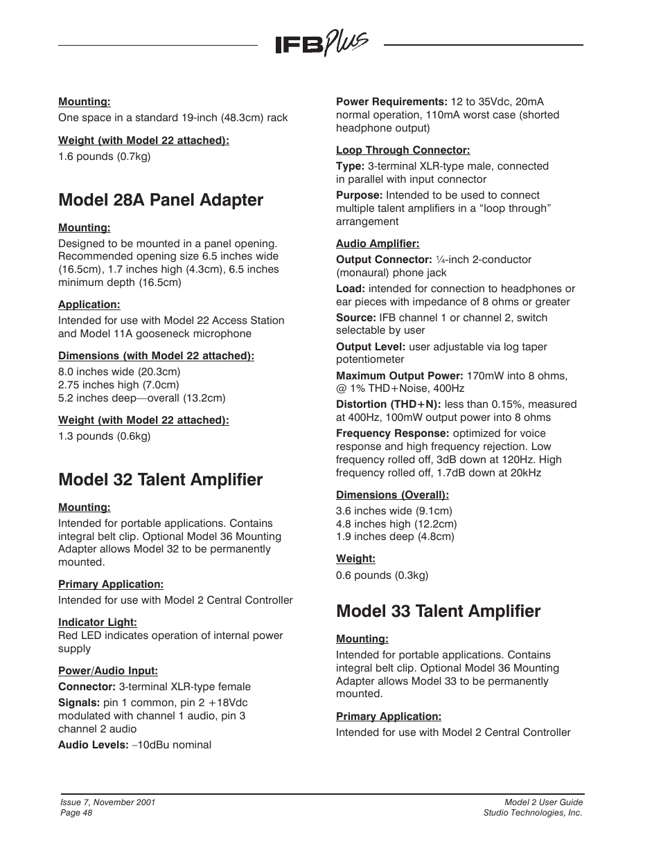 Model 28a panel adapter, Model 32 talent amplifier, Model 33 talent amplifier | Studio Technologies IFB Plus 2001 User Manual | Page 48 / 63