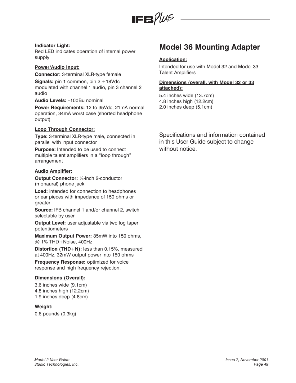 Model 36 mounting adapter | Studio Technologies IFB Plus 2001 User Manual | Page 49 / 63