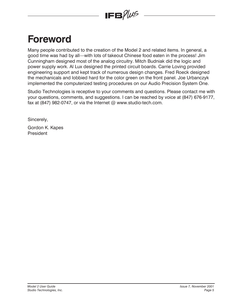 Foreword | Studio Technologies IFB Plus 2001 User Manual | Page 5 / 63