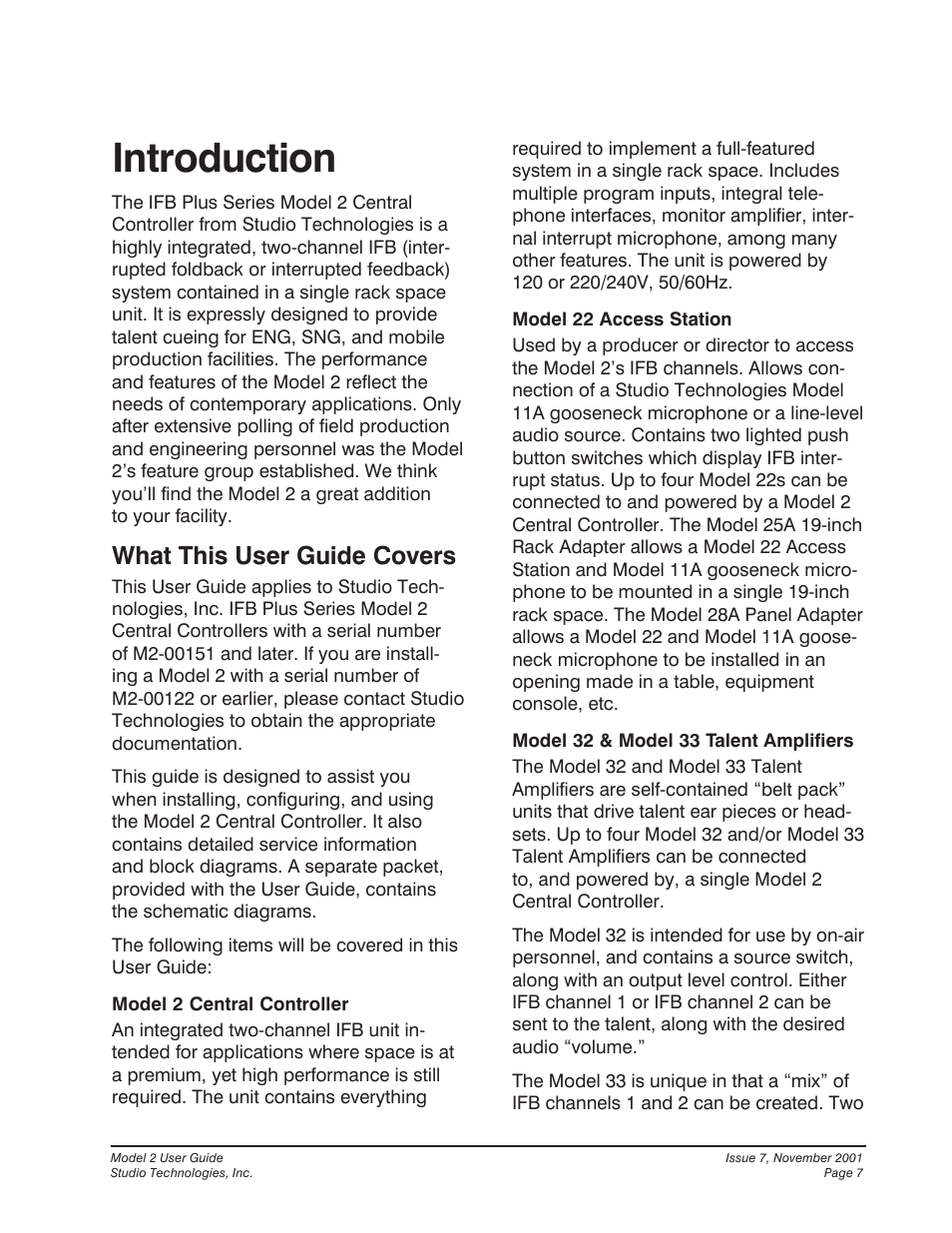Introduction, What this user guide covers | Studio Technologies IFB Plus 2001 User Manual | Page 7 / 63