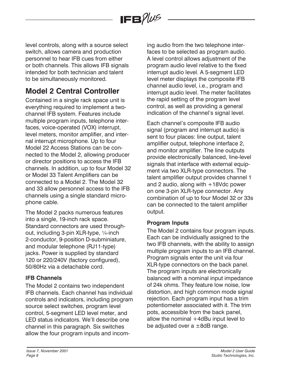 Model 2 central controller | Studio Technologies IFB Plus 2001 User Manual | Page 8 / 63