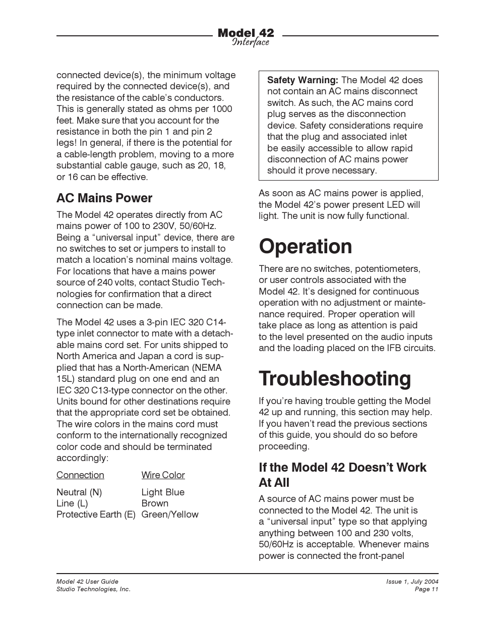 Operation, Troubleshooting, Ac mains power | If the model 42 doesn’t work at all | Studio Technologies 42 User Manual | Page 10 / 18