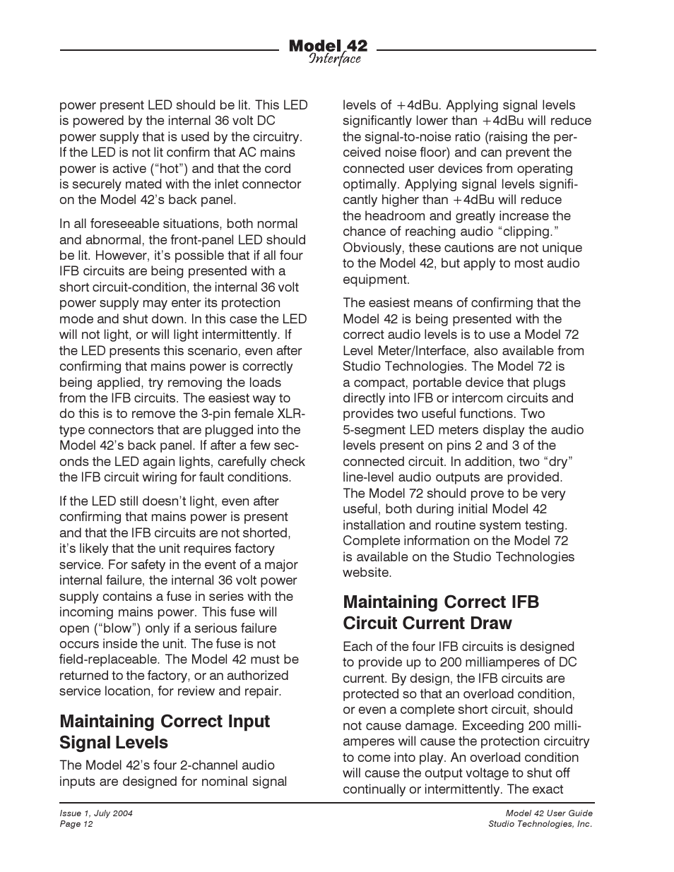 Maintaining correct input signal levels, Maintaining correct ifb circuit current draw | Studio Technologies 42 User Manual | Page 11 / 18
