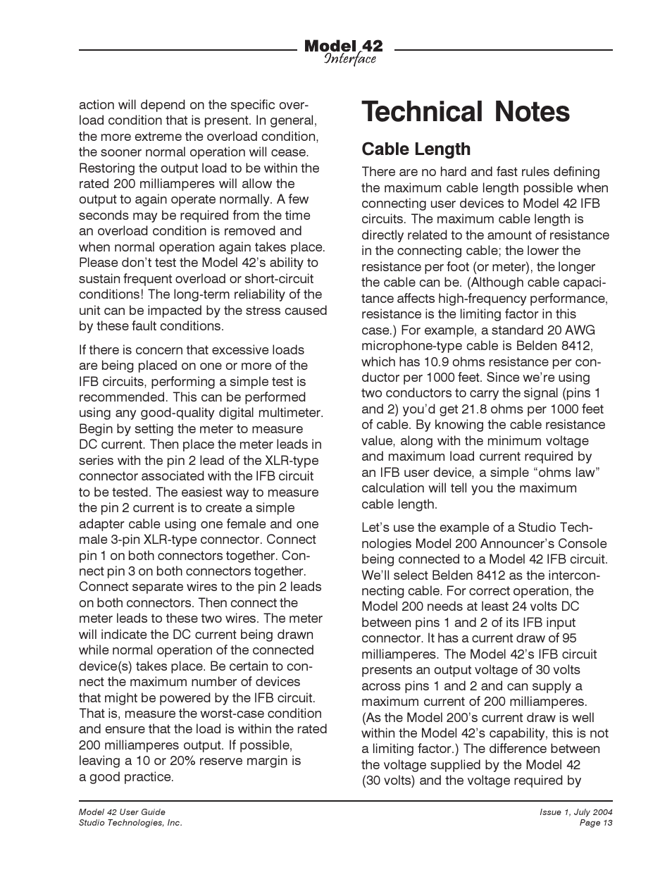 Cable length | Studio Technologies 42 User Manual | Page 12 / 18