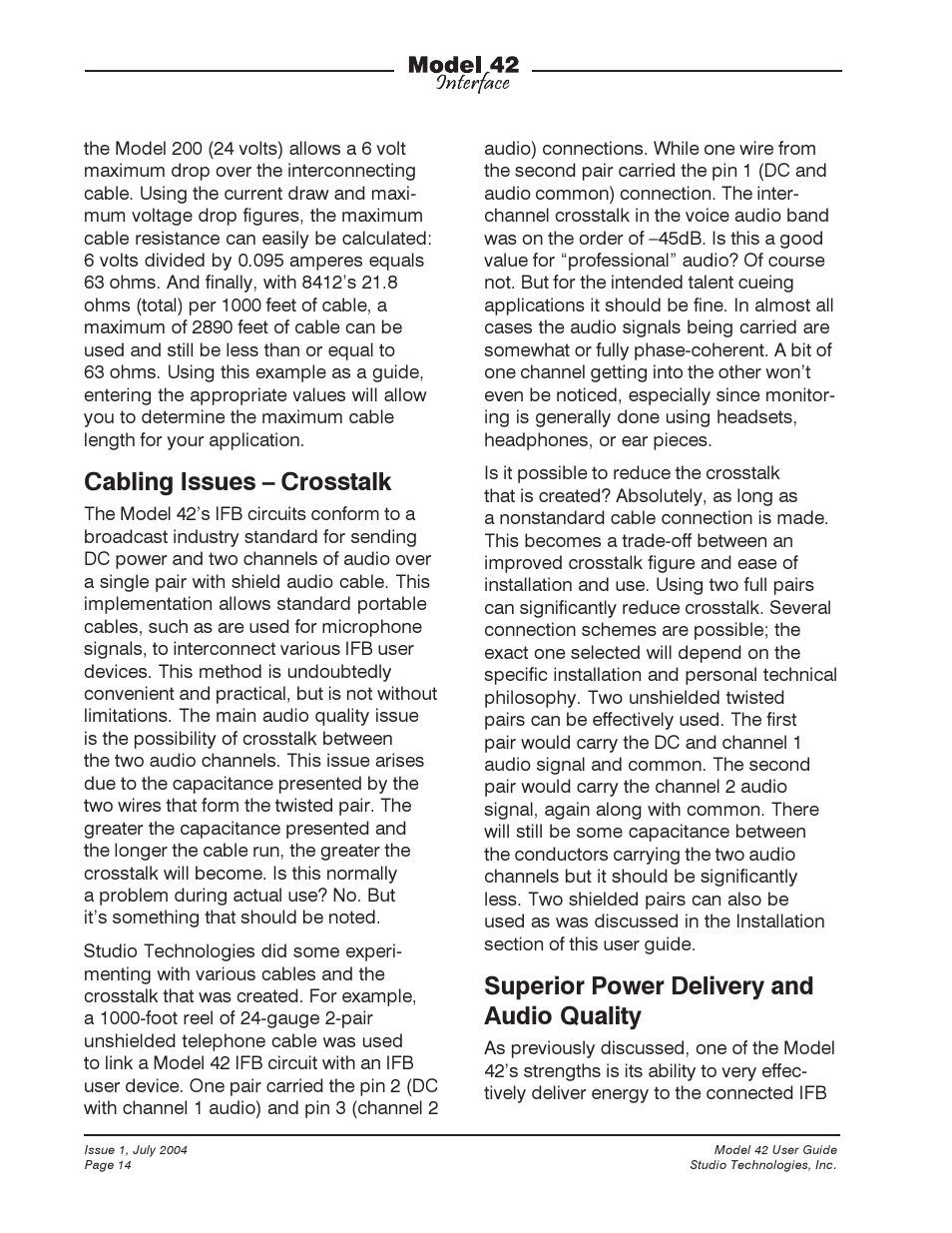Cabling issues – crosstalk, Superior power delivery and audio quality | Studio Technologies 42 User Manual | Page 13 / 18