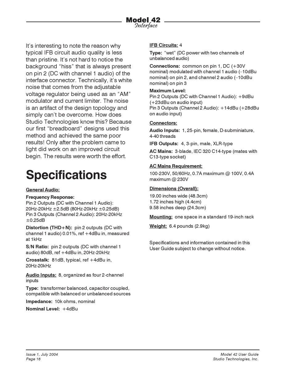 Specifications | Studio Technologies 42 User Manual | Page 15 / 18