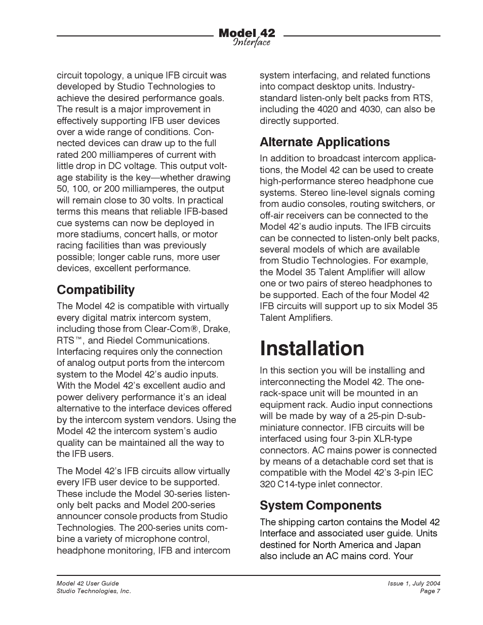 Installation, Compatibility, Alternate applications | System components | Studio Technologies 42 User Manual | Page 6 / 18