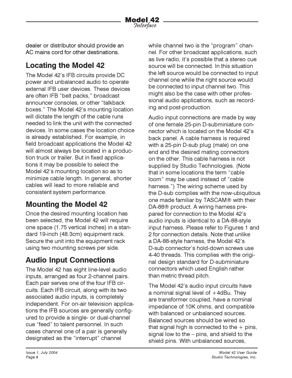 Locating the model 42, Mounting the model 42, Audio input connections | Studio Technologies 42 User Manual | Page 7 / 18
