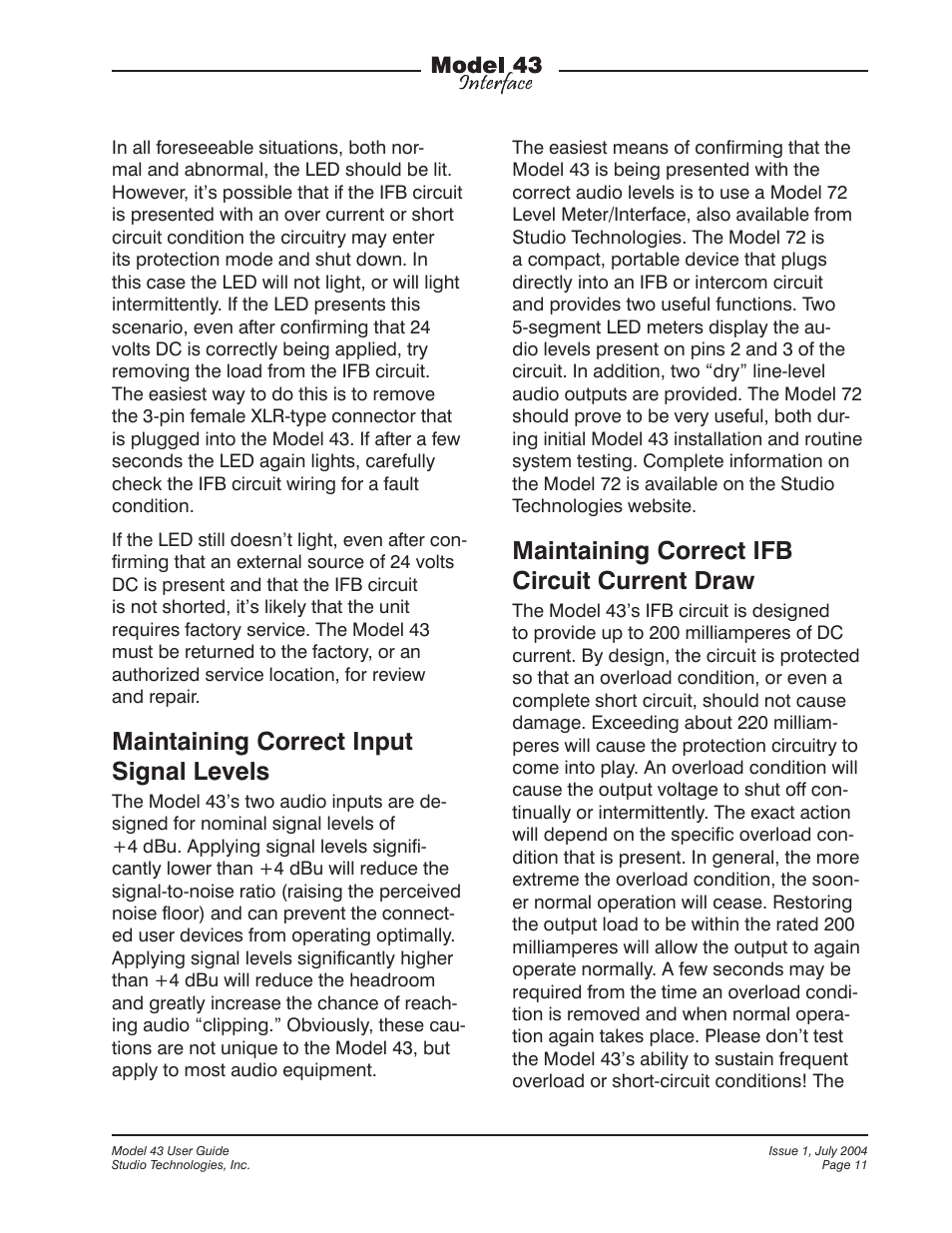 Maintaining correct input signal levels, Maintaining correct ifb circuit current draw | Studio Technologies 43 User Manual | Page 10 / 16