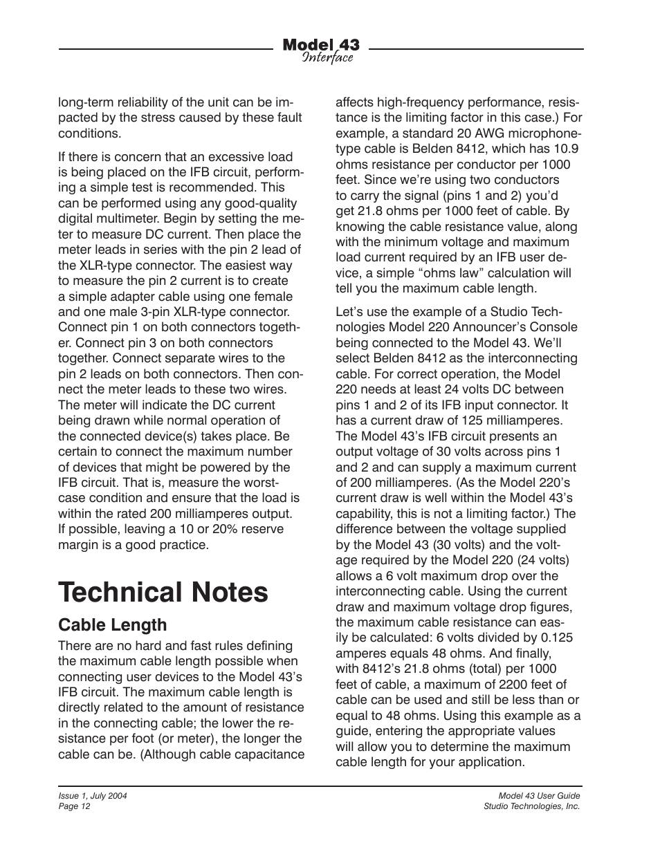 Cable length | Studio Technologies 43 User Manual | Page 11 / 16
