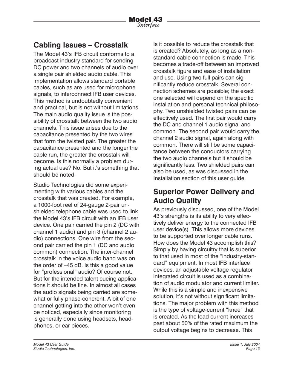 Cabling issues – crosstalk, Superior power delivery and audio quality | Studio Technologies 43 User Manual | Page 12 / 16