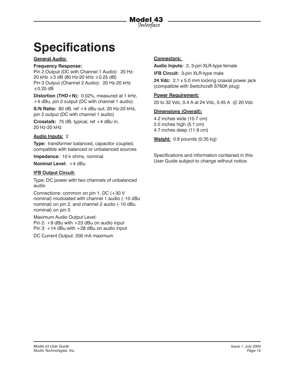 Specifications | Studio Technologies 43 User Manual | Page 14 / 16