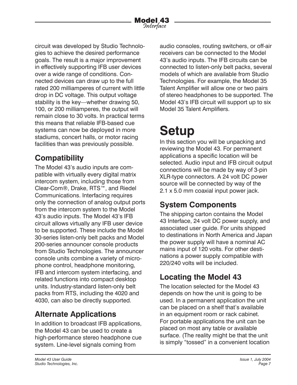 Setup, Compatibility, Alternate applications | System components, Locating the model 43 | Studio Technologies 43 User Manual | Page 6 / 16