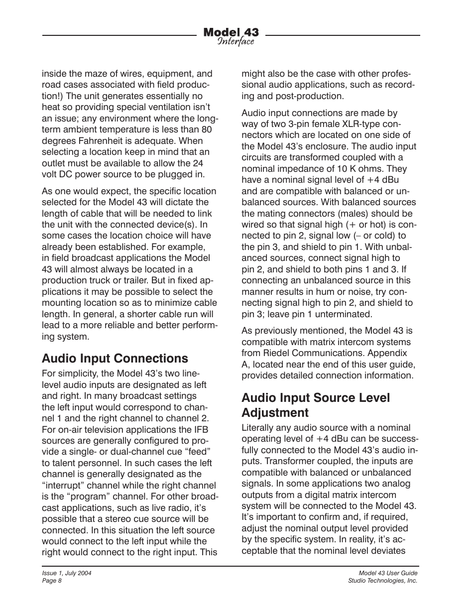 Audio input connections, Audio input source level adjustment | Studio Technologies 43 User Manual | Page 7 / 16