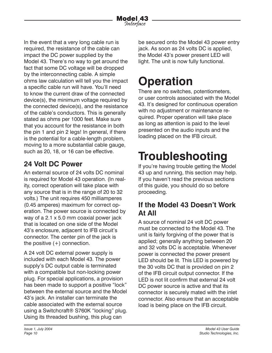Operation, Troubleshooting, 24 volt dc power | If the model 43 doesn’t work at all | Studio Technologies 43 User Manual | Page 9 / 16