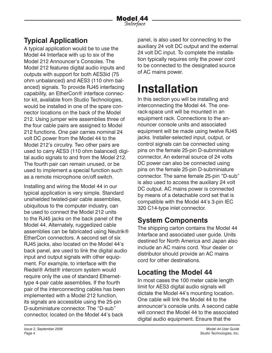 Installation, Typical application, System components | Locating the model 44 | Studio Technologies 44 User Manual | Page 4 / 9