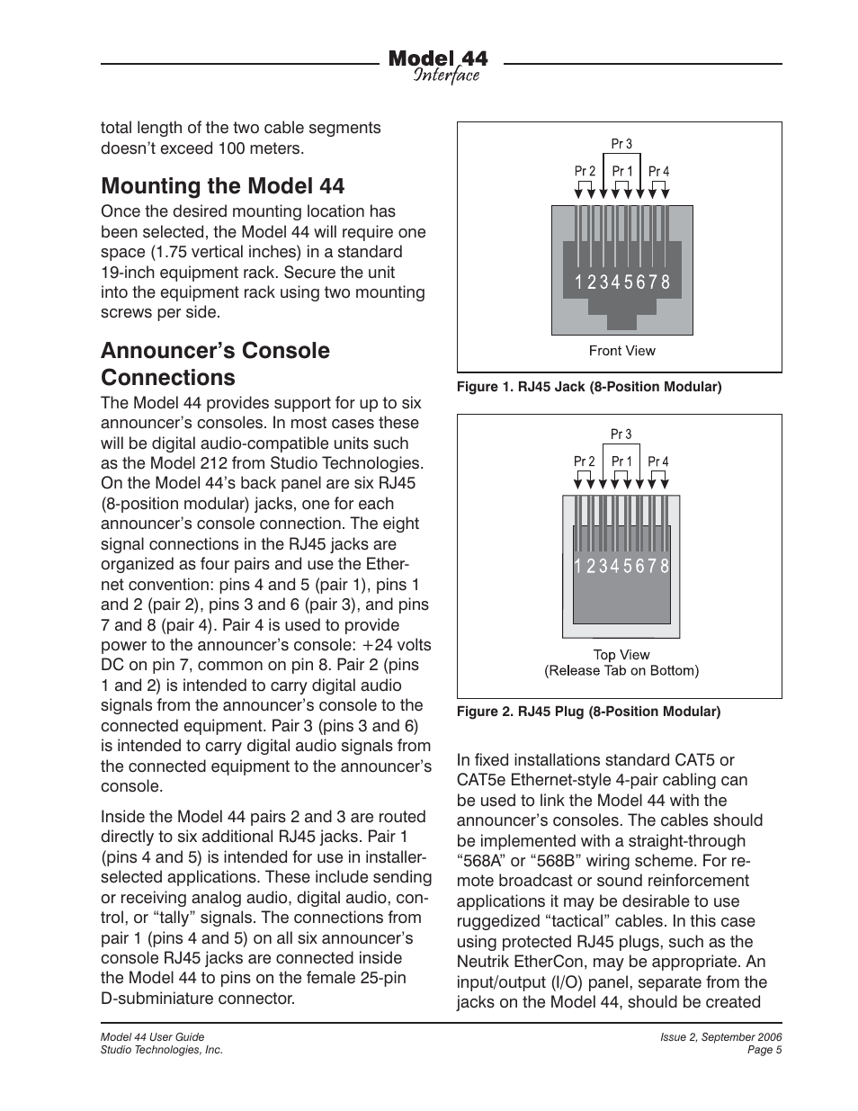 Mounting the model 44, Announcer’s console connections | Studio Technologies 44 User Manual | Page 5 / 9