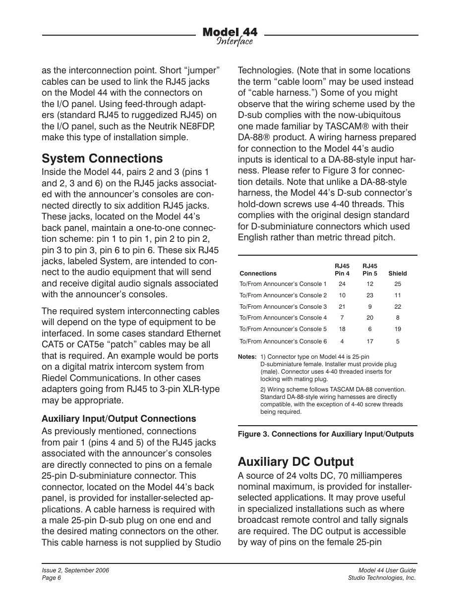System connections, Auxiliary dc output | Studio Technologies 44 User Manual | Page 6 / 9