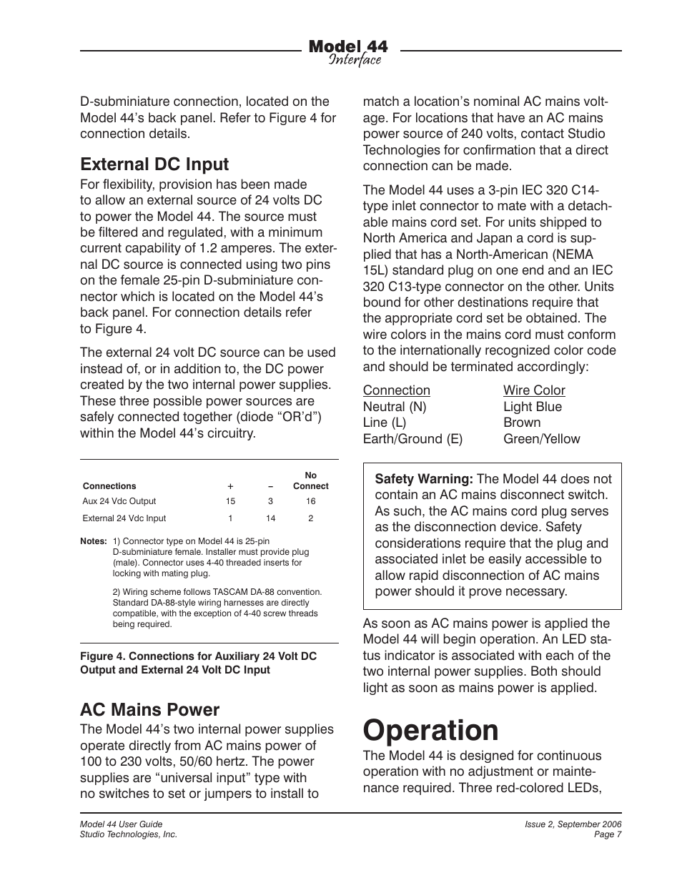 Operation, External dc input, Ac mains power | Studio Technologies 44 User Manual | Page 7 / 9