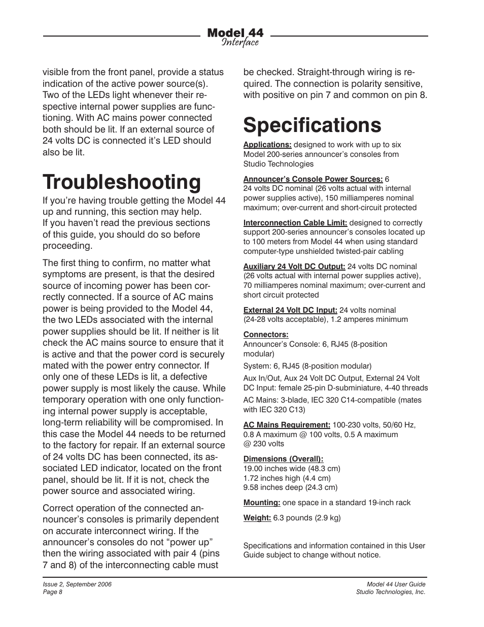 Troubleshooting, Specifications | Studio Technologies 44 User Manual | Page 8 / 9