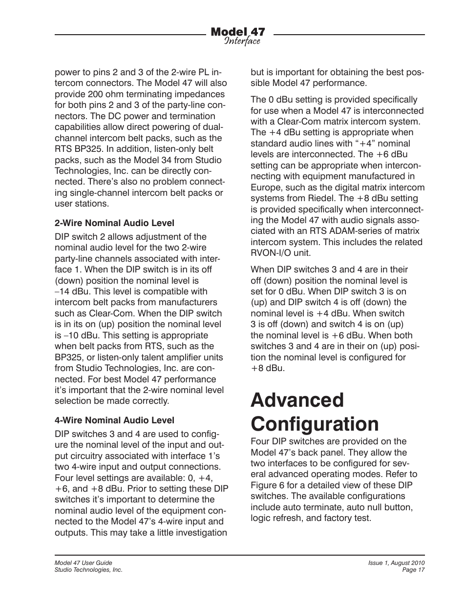 Advanced configuration | Studio Technologies 47 User Manual | Page 17 / 33