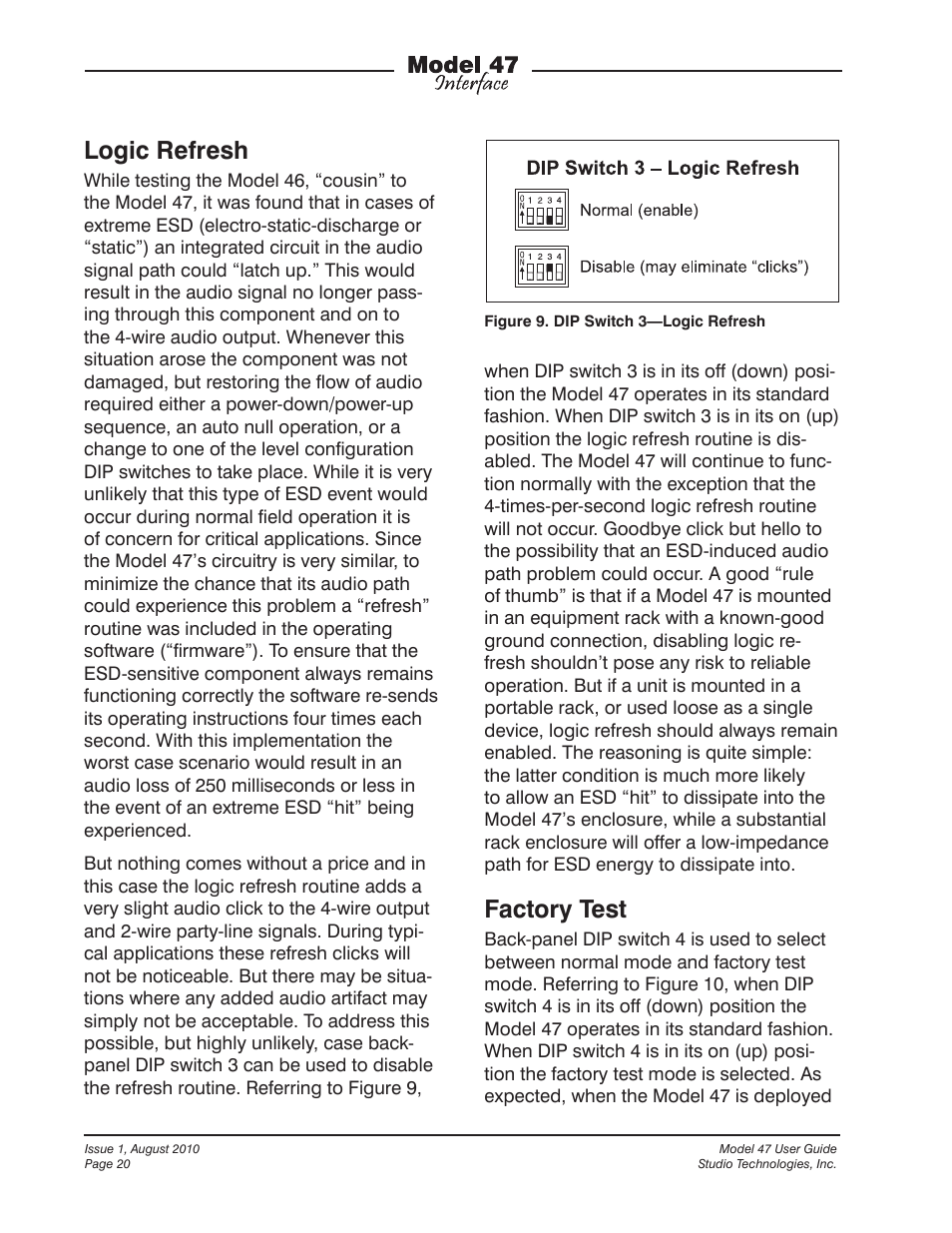 Logic refresh, Factory test | Studio Technologies 47 User Manual | Page 20 / 33