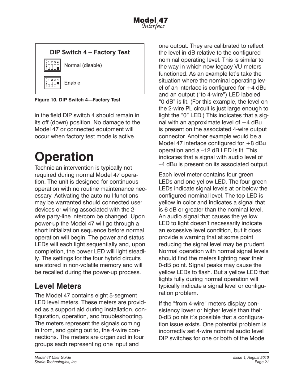Operation, Level meters | Studio Technologies 47 User Manual | Page 21 / 33