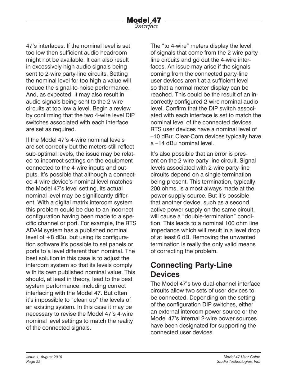 Connecting party-line devices | Studio Technologies 47 User Manual | Page 22 / 33