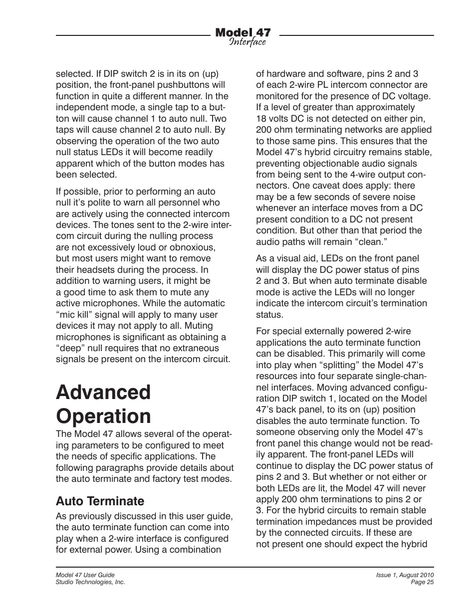 Advanced operation, Auto terminate | Studio Technologies 47 User Manual | Page 25 / 33