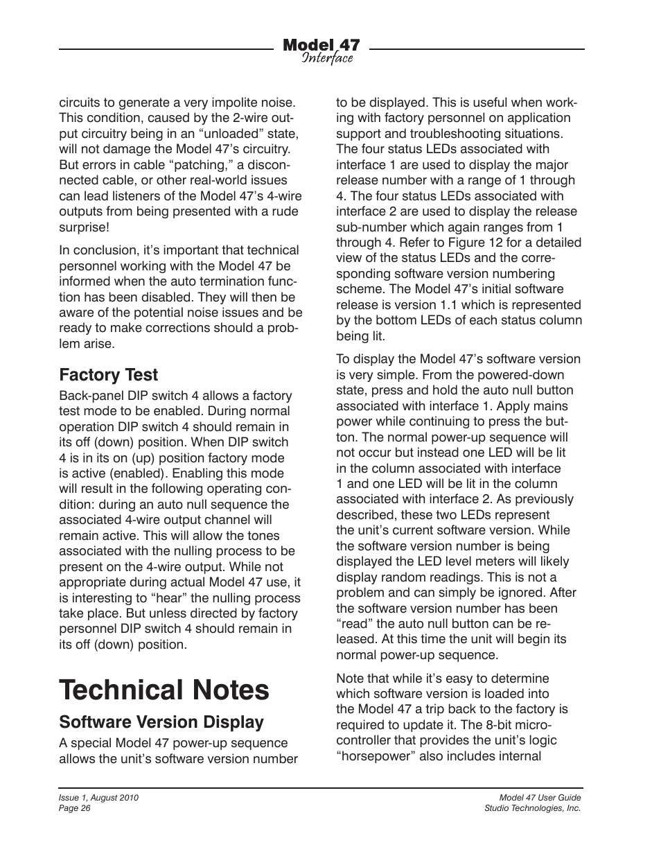 Factory test, Software version display | Studio Technologies 47 User Manual | Page 26 / 33