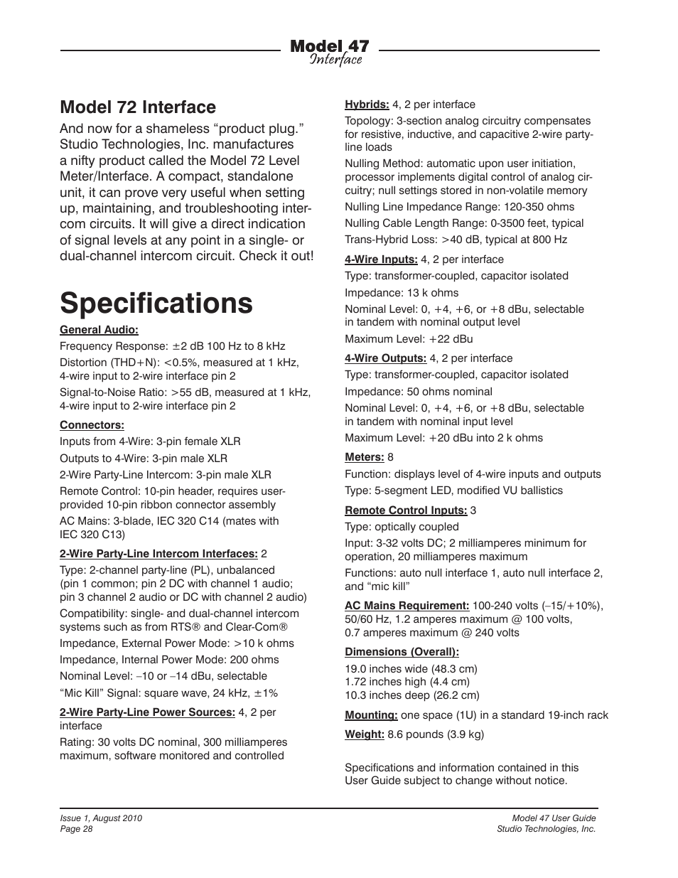 Specifications, Model 72 interface | Studio Technologies 47 User Manual | Page 28 / 33