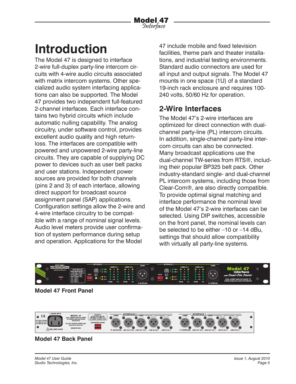 Introduction, Wire interfaces | Studio Technologies 47 User Manual | Page 5 / 33