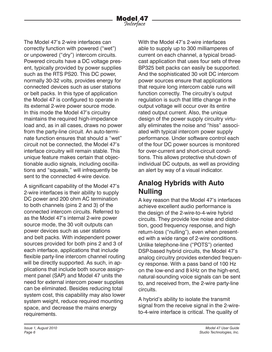 Analog hybrids with auto nulling | Studio Technologies 47 User Manual | Page 6 / 33