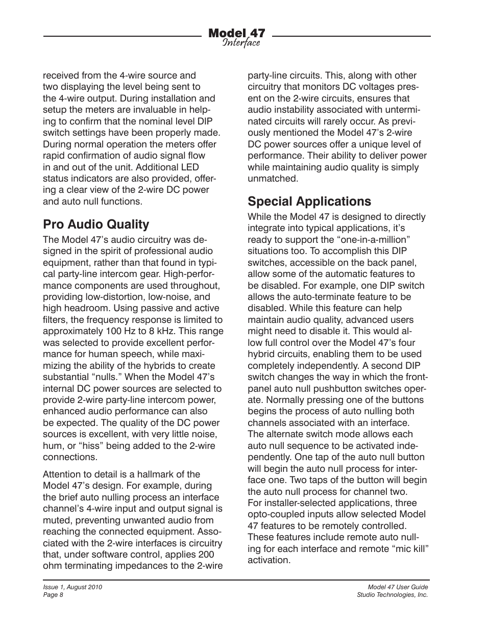 Pro audio quality, Special applications | Studio Technologies 47 User Manual | Page 8 / 33