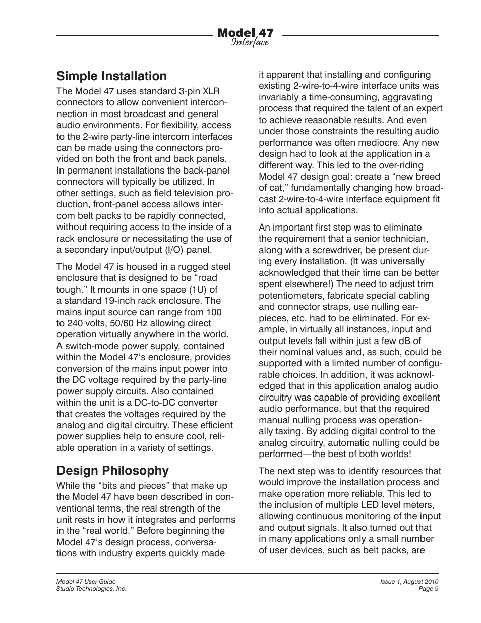 Simple installation, Design philosophy | Studio Technologies 47 User Manual | Page 9 / 33