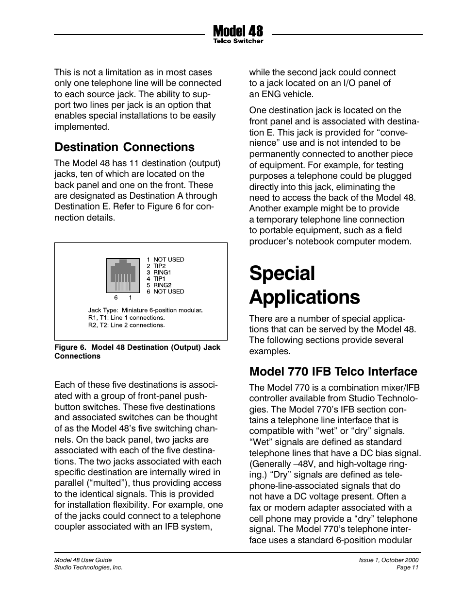 Special applications, Destination connections, Model 770 ifb telco interface | Studio Technologies 48 User Manual | Page 10 / 14