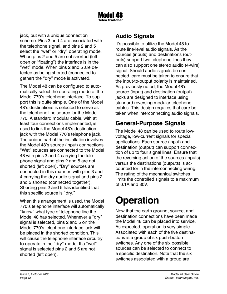 Operation, Audio signals, General-purpose signals | Studio Technologies 48 User Manual | Page 11 / 14