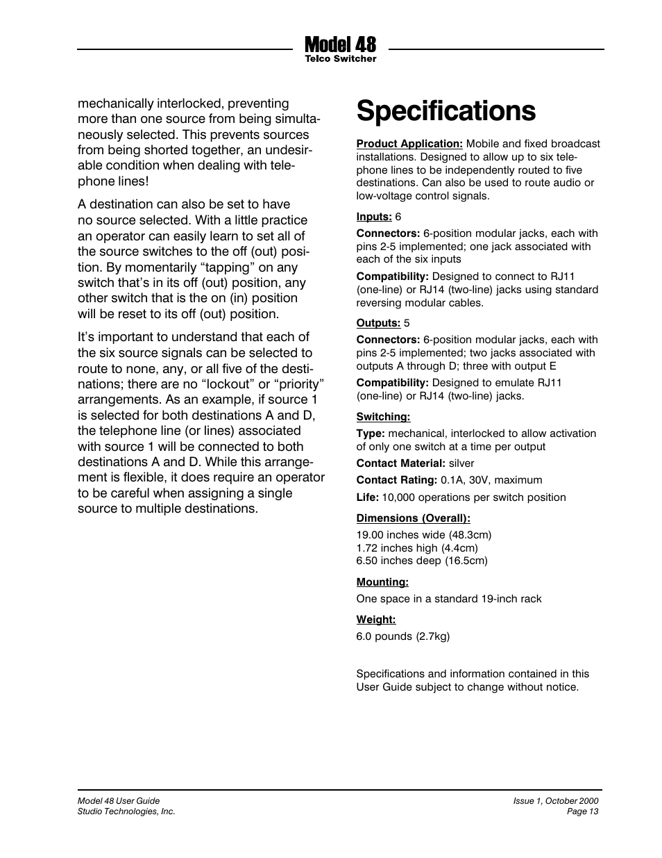 Specifications | Studio Technologies 48 User Manual | Page 12 / 14