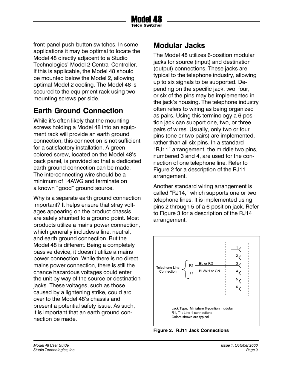 Earth ground connection, Modular jacks | Studio Technologies 48 User Manual | Page 8 / 14
