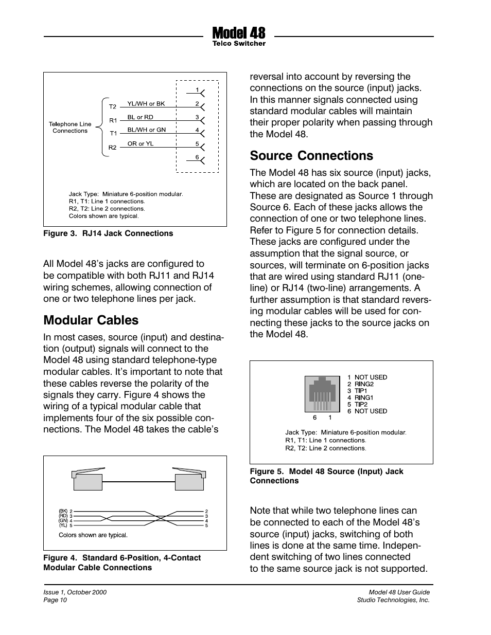 Modular cables, Source connections | Studio Technologies 48 User Manual | Page 9 / 14