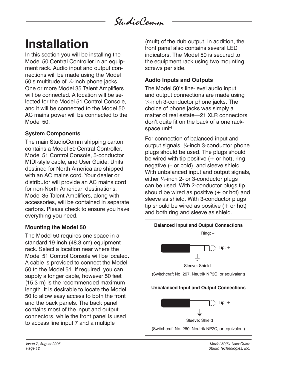 Installation | Studio Technologies 50 2005 User Manual | Page 12 / 47