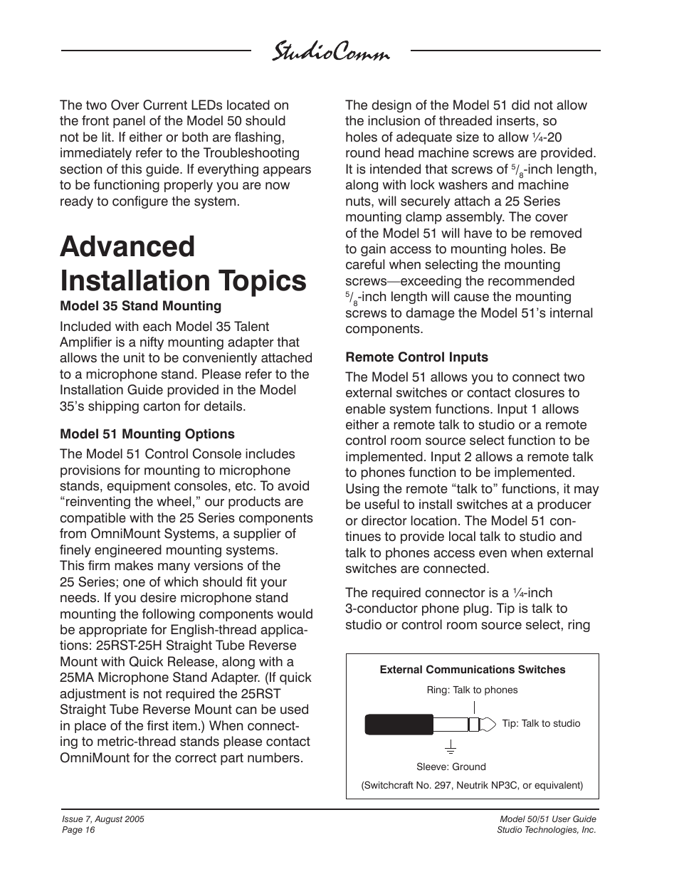 Advanced installation topics | Studio Technologies 50 2005 User Manual | Page 16 / 47