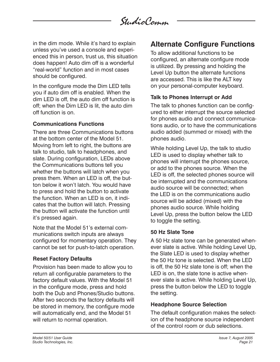 Alternate configure functions | Studio Technologies 50 2005 User Manual | Page 21 / 47