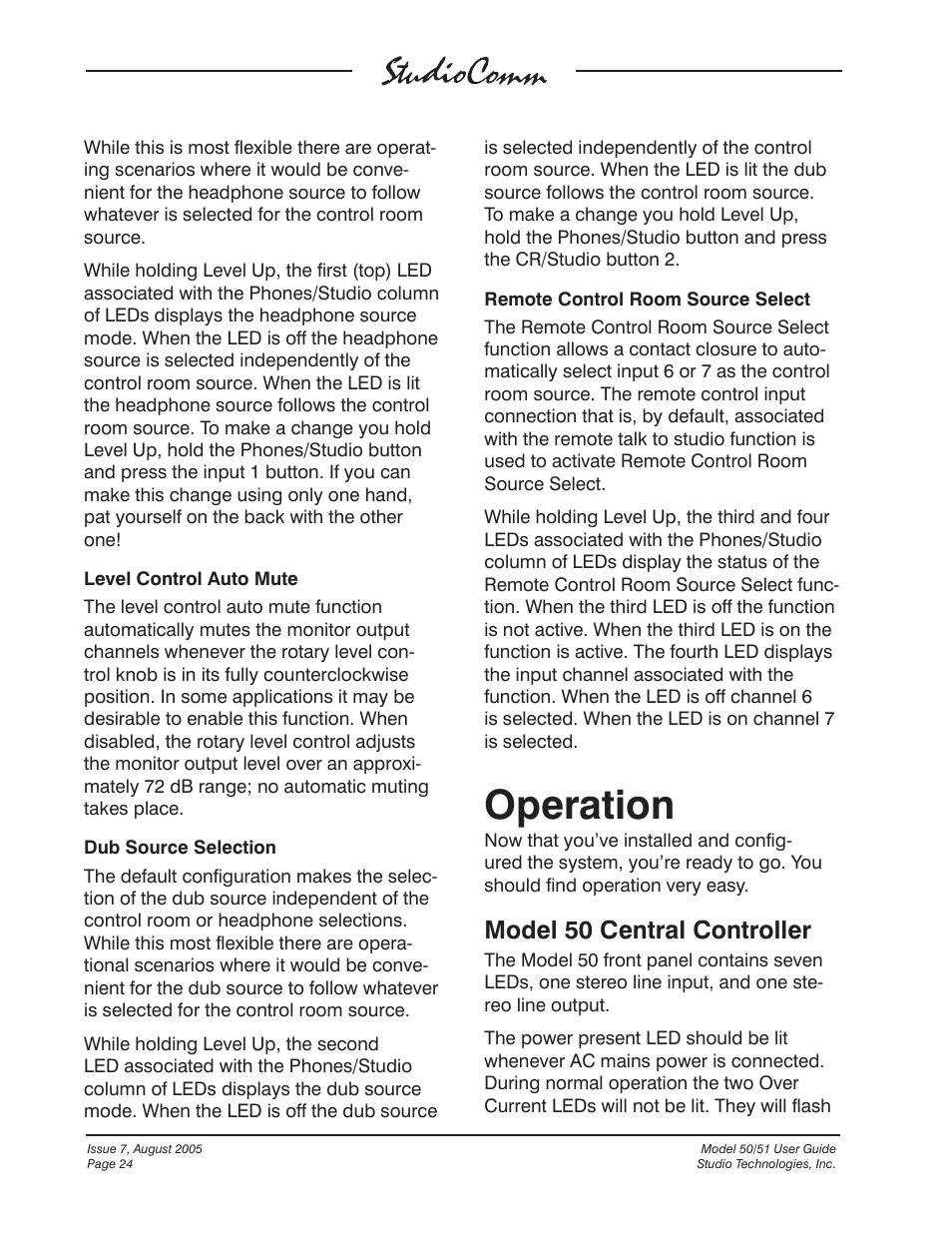 Operation, Model 50 central controller | Studio Technologies 50 2005 User Manual | Page 24 / 47