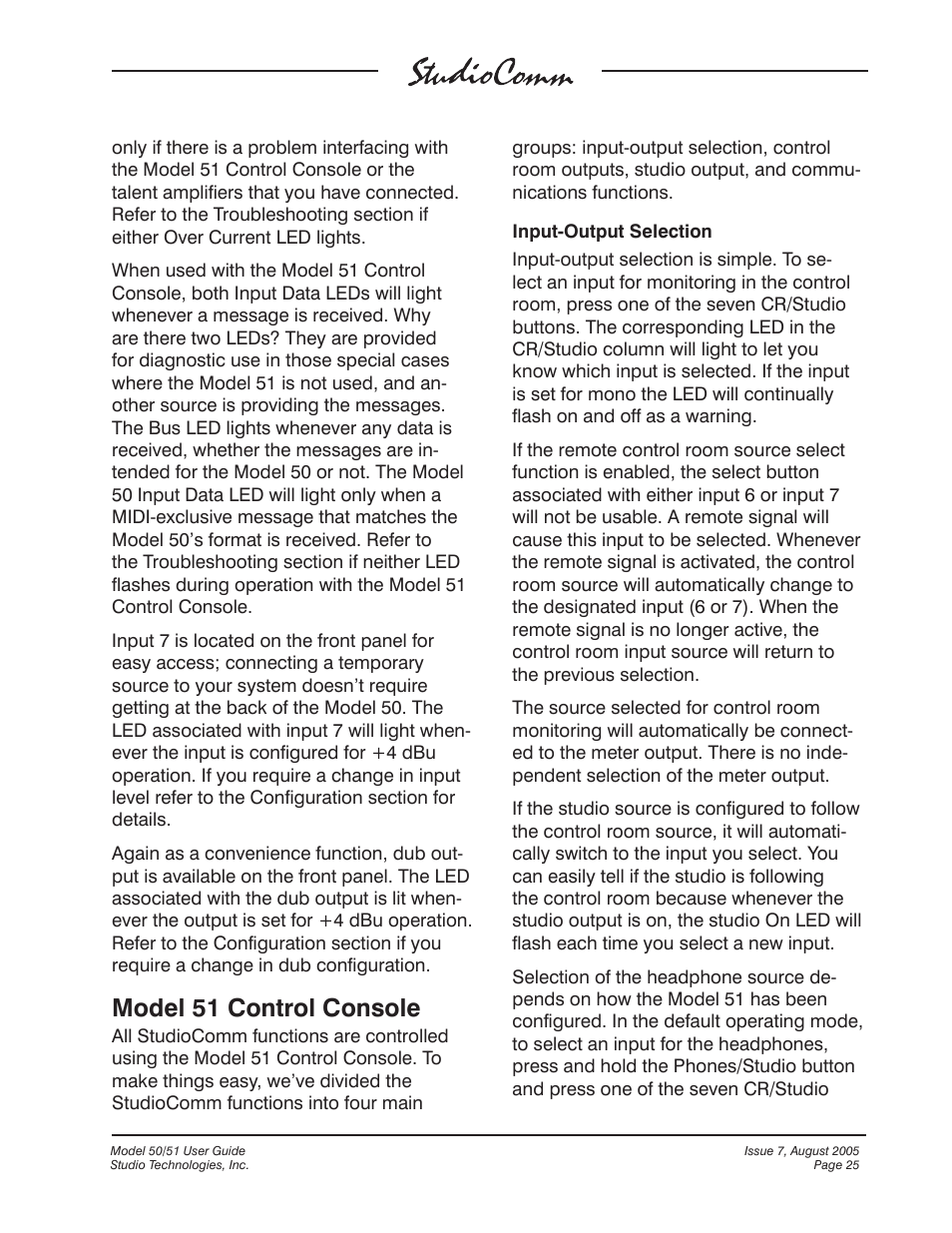 Model 51 control console | Studio Technologies 50 2005 User Manual | Page 25 / 47